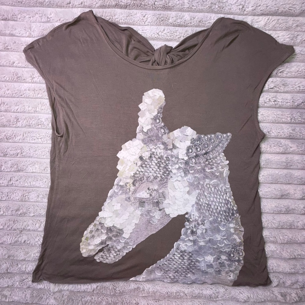 Just Cavalli Gray Brown Giraffe Graphic Tie Back Top IT 42 Womens US Medium - Picture 3 of 11